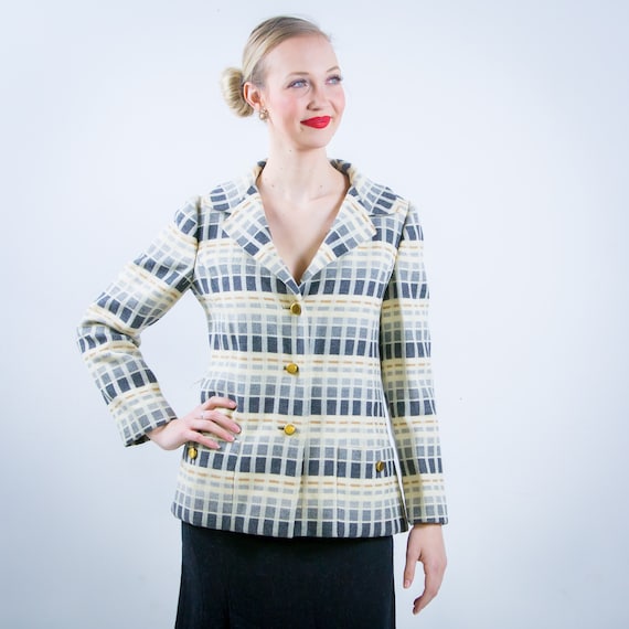 1960s 1970s Teal Traina Wool Plaid Blazer Jacket