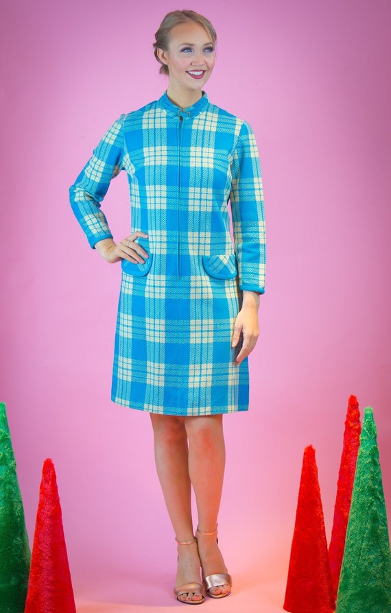 1960's Blue and White Plaid Knit Front Zipper Shif