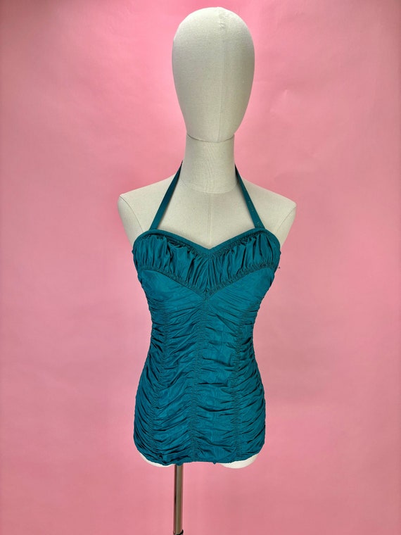 1950’s Pin up Ruched Teal Moiree Swimsuit One Piec