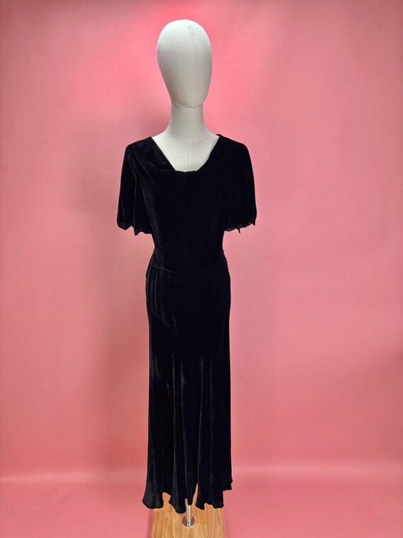 1930’s Black Velvet Evening Gown with Flutter Sleeves - Gem
