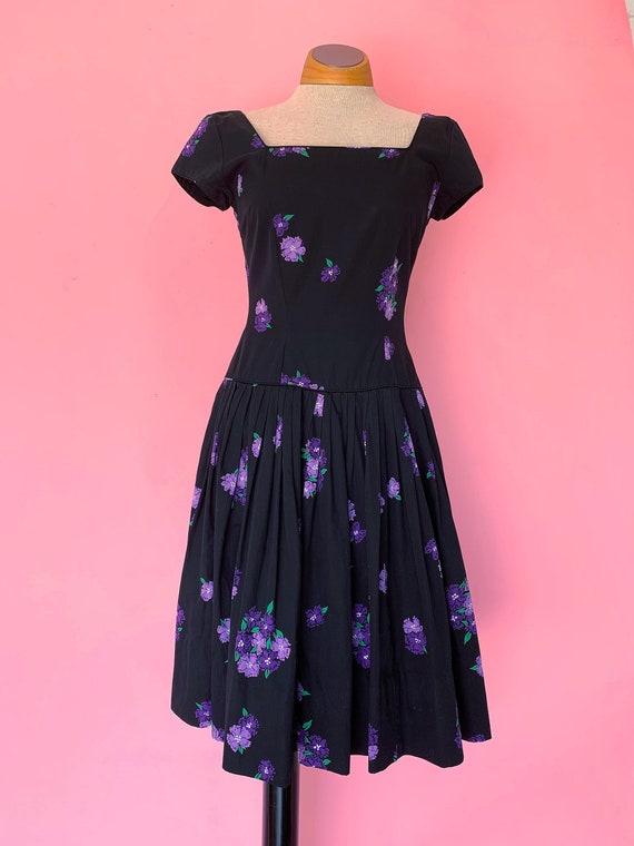 1950's Black Floral Jerry Gilden Cotton Dress