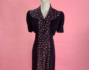 1930's Carrot Print Black Rayon Dress