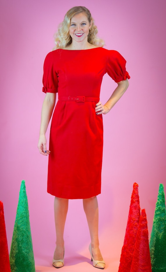 christmas wiggle dress Red Pin up Wiggle Dress Pencil Christmas Dress 1950s Velvet Rockabilly Long Sleeved off the Shoulder Vintage Glamour Marilyn Monroe