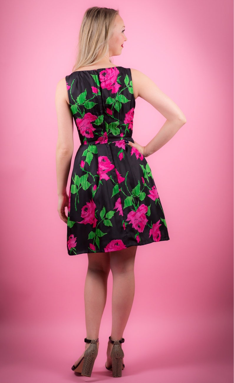 1950's Roses Print Black Satin Cocktail Dress 50's Pink Roses image 5