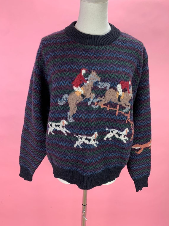 1990s Vintage Woolrich Novelty Sweater Fox Hunt