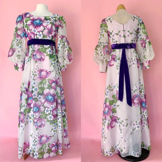 1960’s Floral Maxi Dress 60s Bishop Sleeve 60's D… - image 1