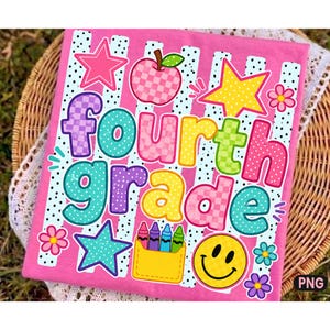 May include: A pink t-shirt featuring a graphic print with the text fourth grade in colorful, patterned bubble letters. The design includes a checkered apple, yellow and pink stars, a yellow smiley face, a crayon box, and small flowers.