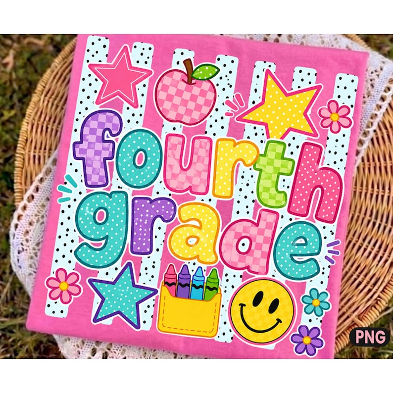 May include: A pink t-shirt featuring a graphic print with the text fourth grade in colorful, patterned bubble letters. The design includes a checkered apple, yellow and pink stars, a yellow smiley face, a crayon box, and small flowers.
