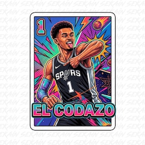 May include: A vibrant basketball trading card featuring a player in a black and silver jersey with the number 1. The card has a colorful background with the text "EL CODAZO" in a bold, stylized font. A basketball is also visible.