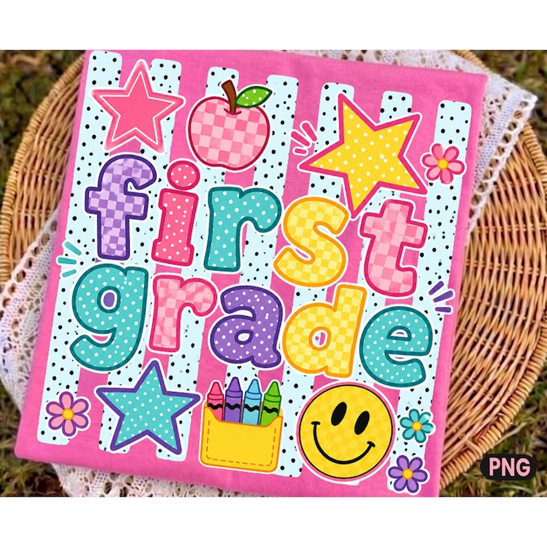 May include: A pink t-shirt featuring the text first grade in colorful, patterned bubble letters. The design includes a checkered apple, yellow and pink stars, a yellow crayon box, a yellow smiley face, and small flowers over a white striped background.