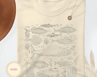 Vintage Tattoo Fisherman Tee, Bass Fishing Unisex Top, Ocean Lover Gift, Retro Oversized