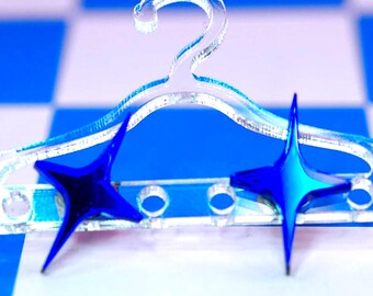 Pendientes retro / Joyería acrílica con efecto espejo azul / Pendientes de estrella pequeños