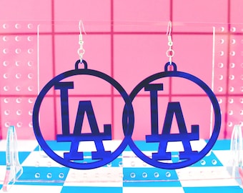 Pendientes de aro inspirados en los fanáticos de los Dodgers / Béisbol de Los Ángeles / Acrílico con efecto espejo