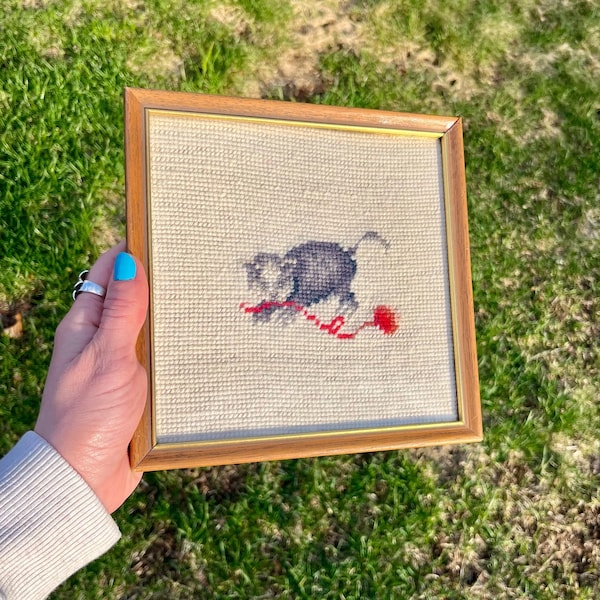 Vintage Framed Cat with Yarn Needlepoint Wall Art