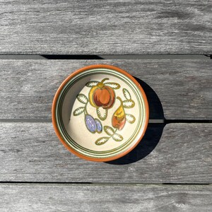 May include: A small, round ceramic dish with a cream-colored interior and an orange rim. The dish is decorated with a colorful illustration of fruits, including an apple, pears, and plums. The dish is set on a weathered wooden surface.
