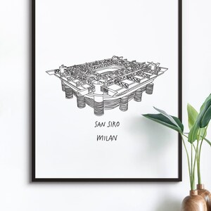 Könnte beinhalten: Schwarz gerahmter Kunstdruck mit einer detaillierten Strichzeichnung des San Siro-Stadions in Mailand, Italien. Das Stadion wird in minimalistischem Stil dargestellt, mit dem Text "SAN SIRO MILAN" darunter. Der Druck befindet sich auf weißem Hintergrund.