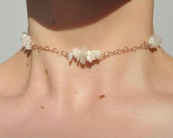 Mondstein und Rose Gold Verstellbare Kristall Kette Choker, Cottagecore, Goth Choker, Boho, Heilstein für Schutz, spirituelles Geschenk