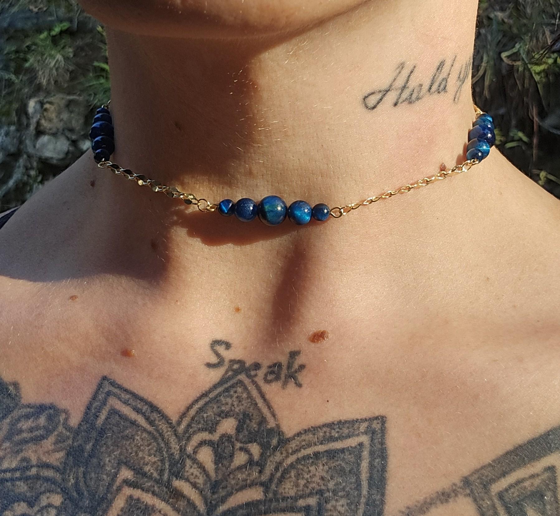 Blue Tiger's Eye and Gold Choker Necklace: 14k Gold Plated Crystal Chain - Thumbnail 4