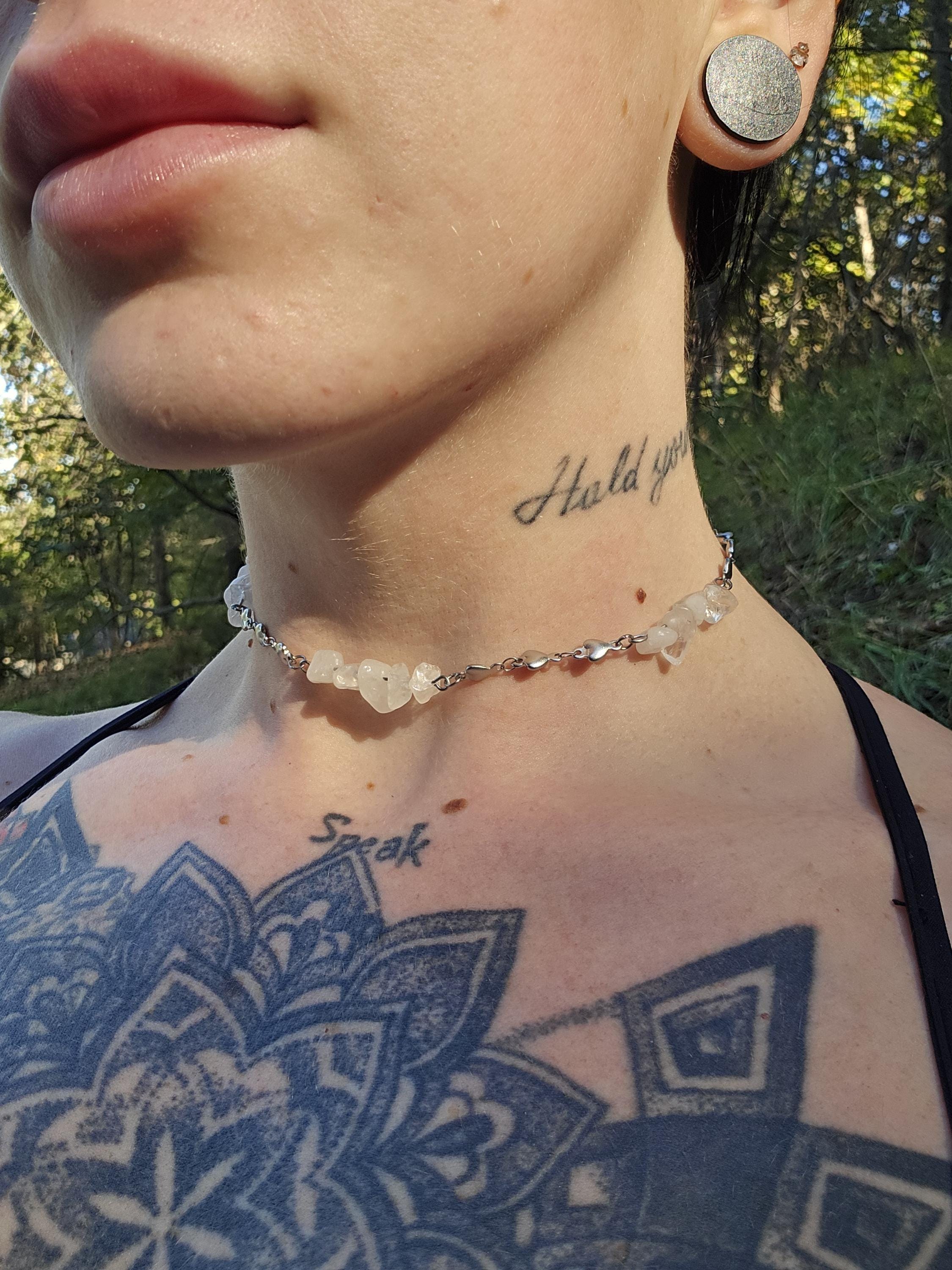 Quartz and Steel Choker Necklace: Queen of Hearts Dainty Crystal Gemstone Jewelry - Thumbnail 3