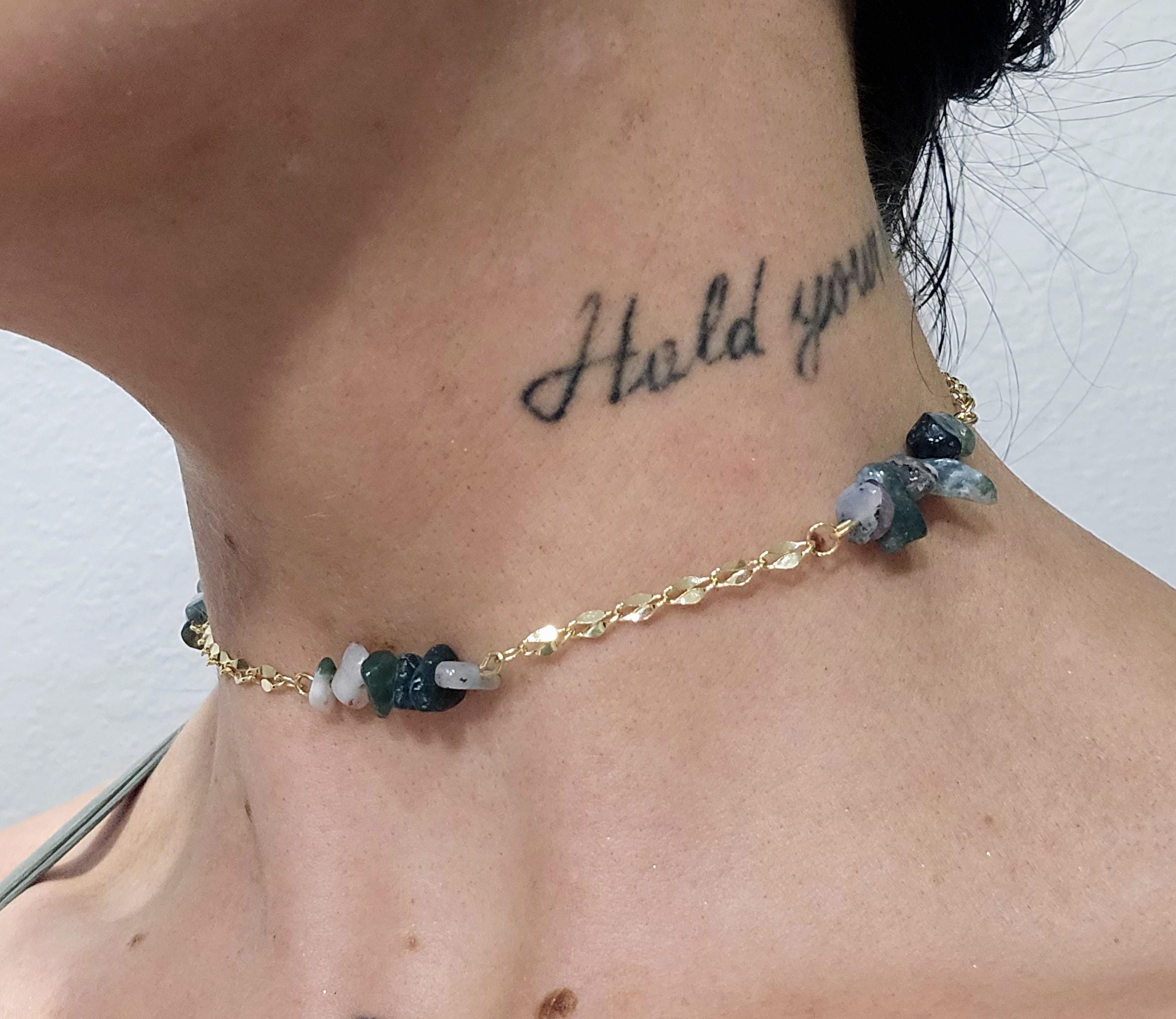 Moss Agate & 14k Gold Plated Choker: Crystal Fairycore Gothic Chain Necklace - Thumbnail 4