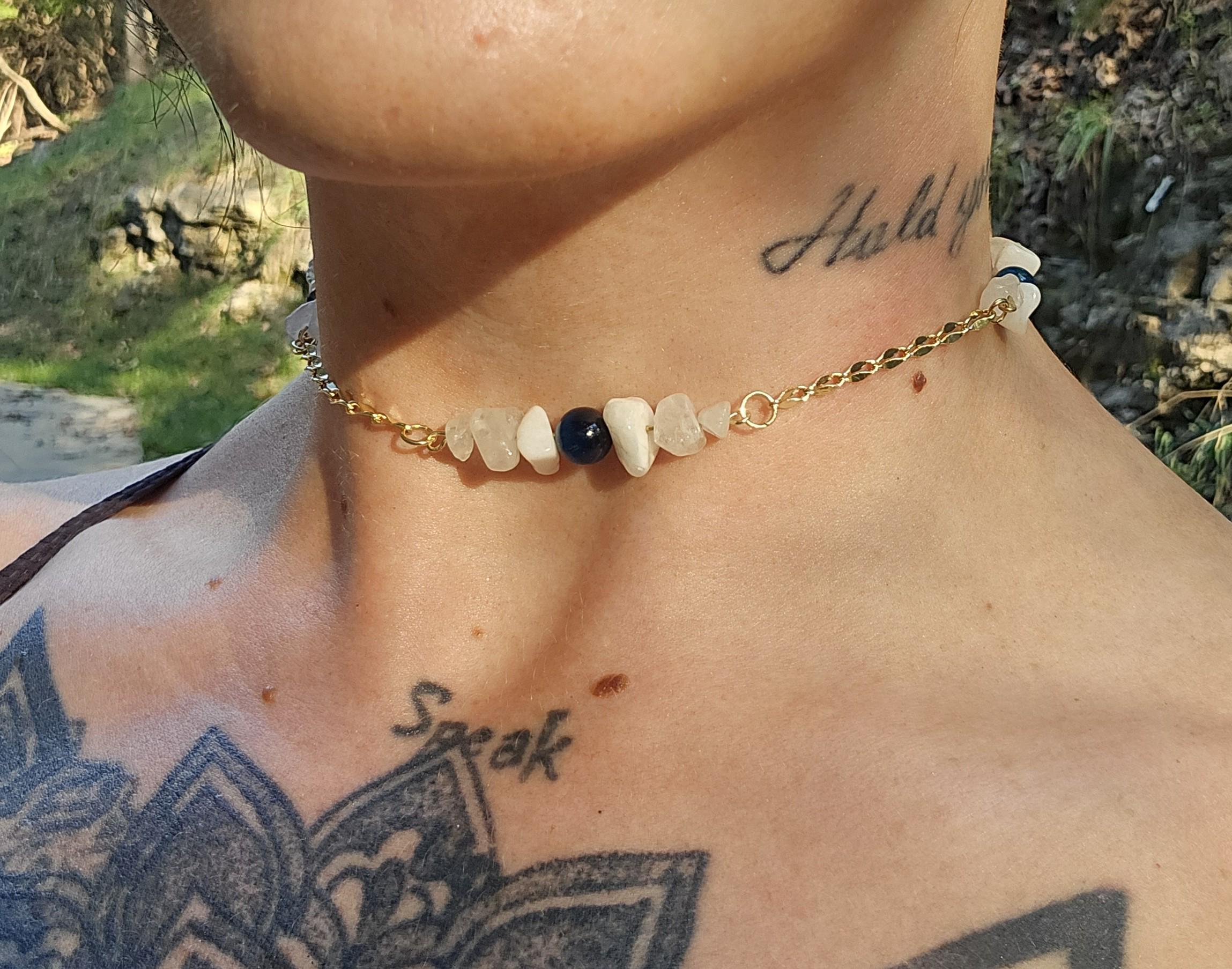 Quartz, Moonstone, Blue Tiger's Eye and Gold Choker: 14k Gold Plated Crystal Necklace - Thumbnail 4