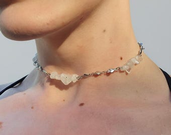 Quarz und Stahl verstellbare Kristall Herz Kette Choker, Fairycore, Goth Choker, Boho, Heilstein Choker für Schutz, spirituelles Geschenk