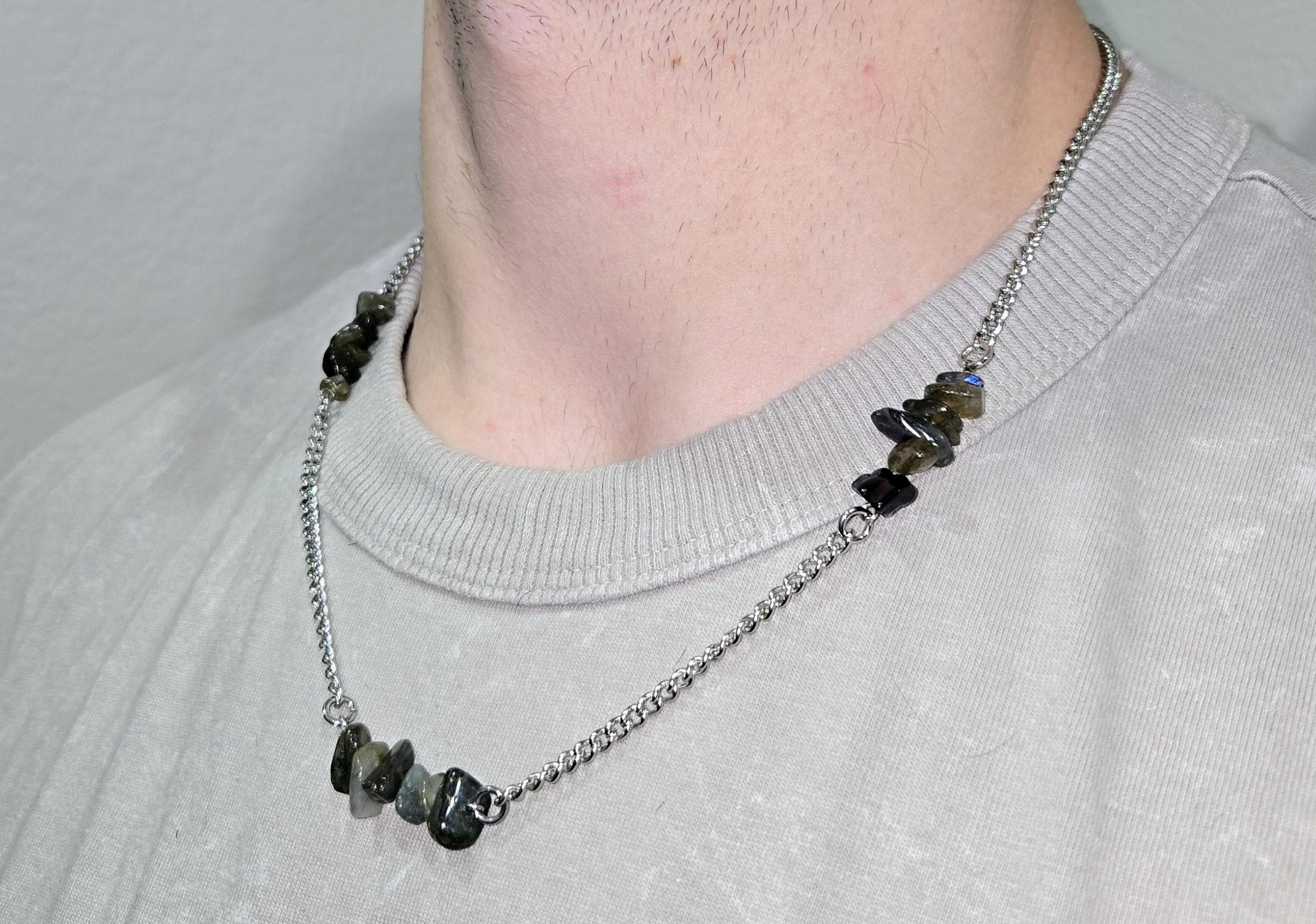 Labradorite and Stainless Steel Men's Crystal Gemstone Chain Necklace