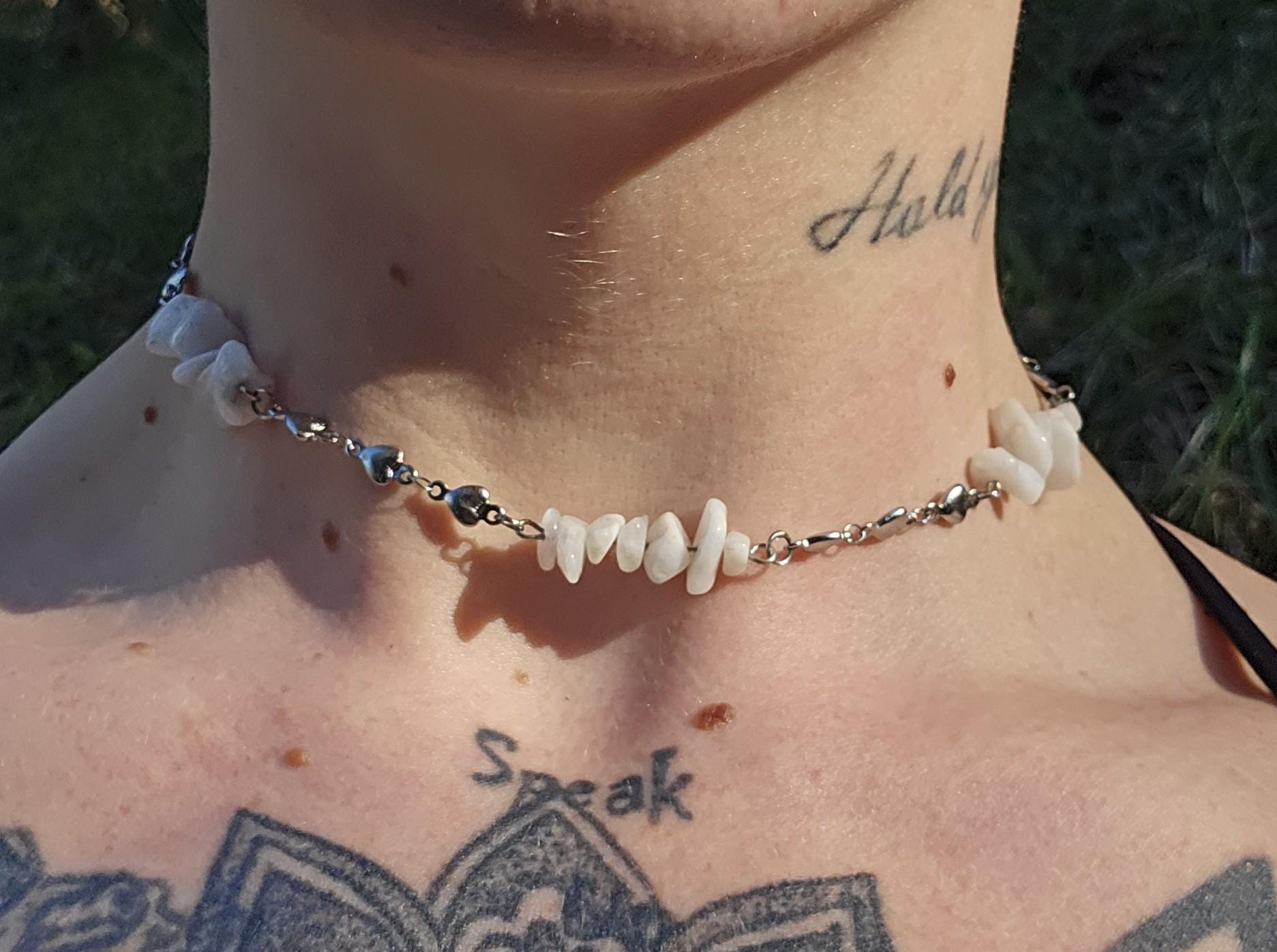 Moonstone and Steel Choker Necklace: Queen of Hearts Adjustable Crystal Chain - Thumbnail 2