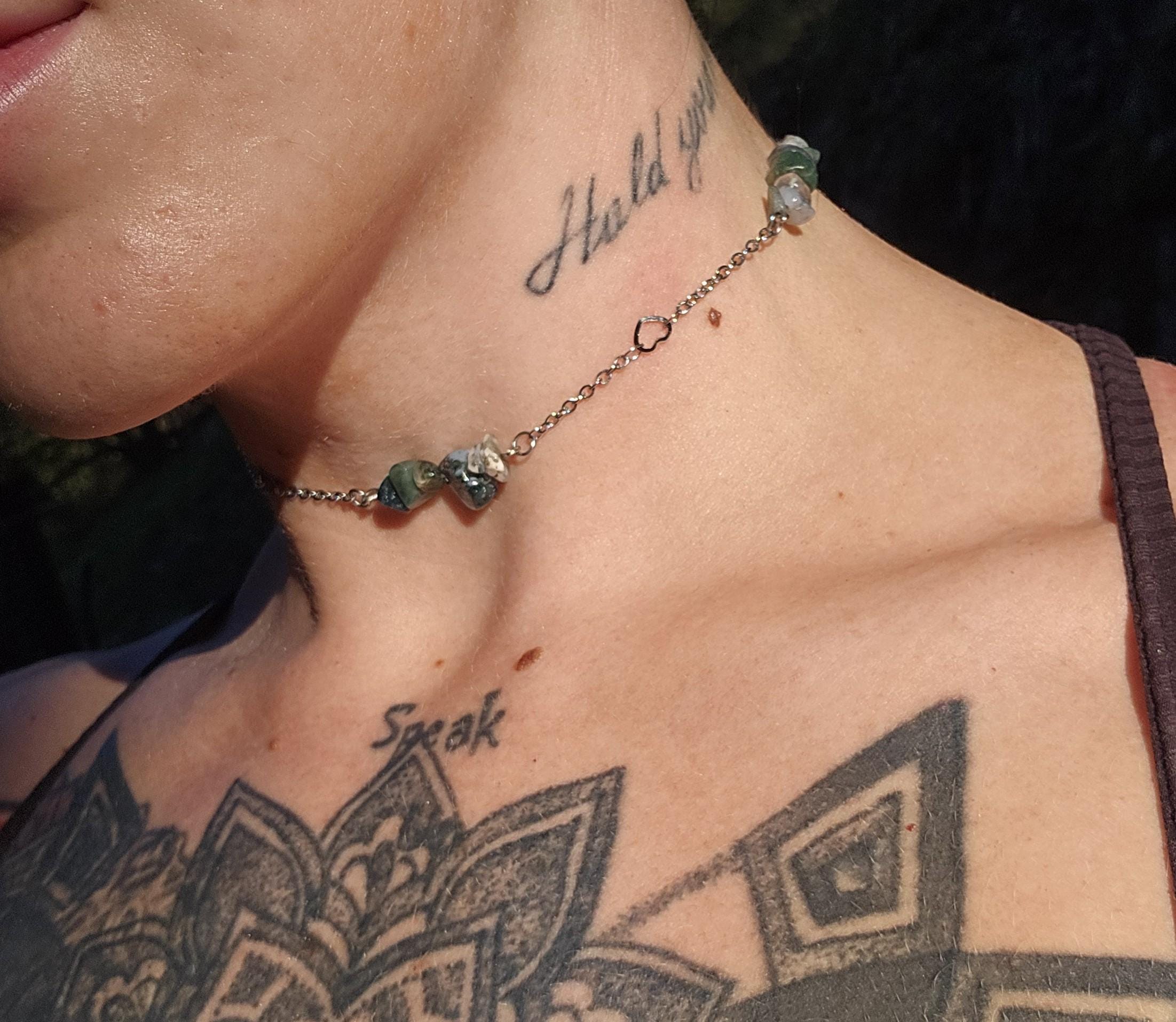 Moss Agate Choker and Stainless Steel Necklace: Adjustable Chain - Thumbnail 3
