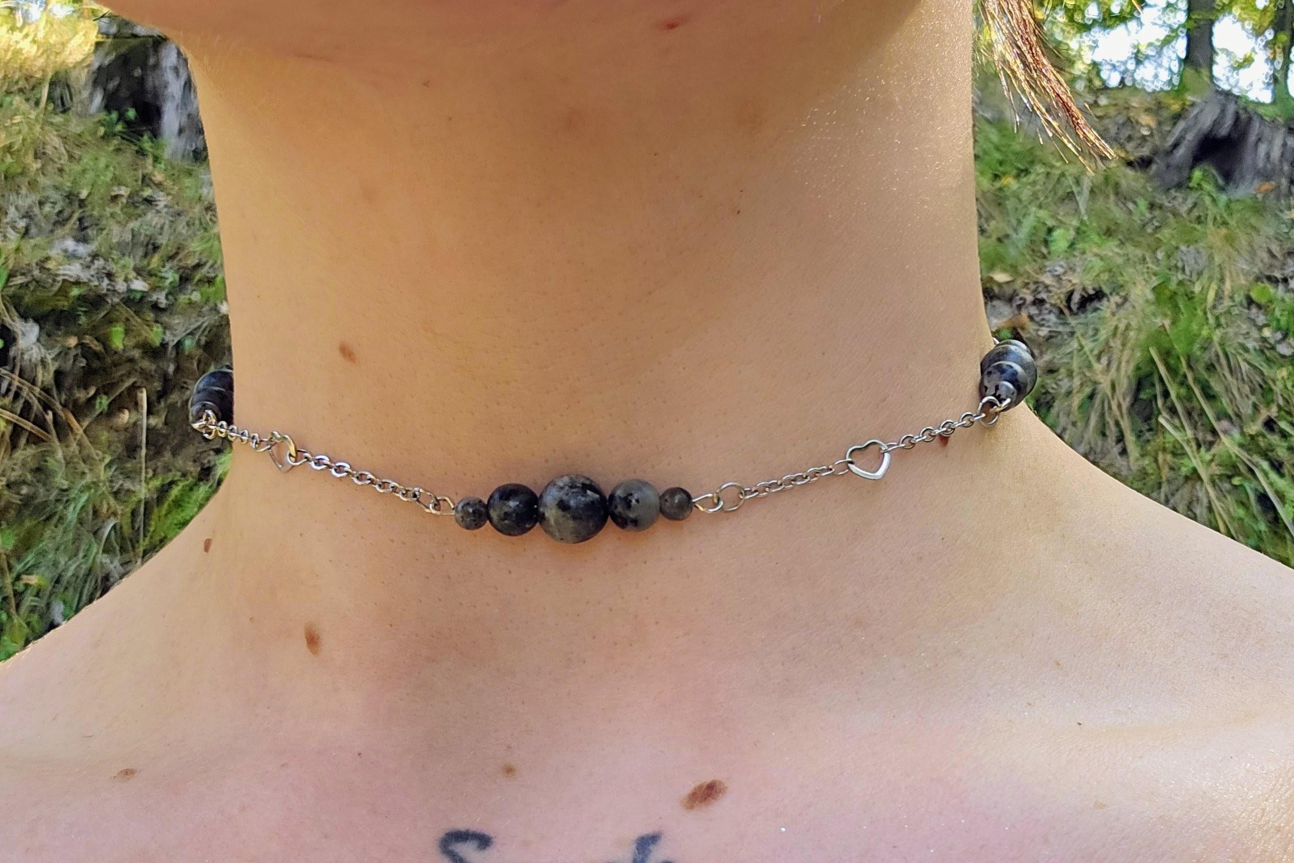 Labradorite Choker Necklace: Stainless Steel Chain, Adjustable - Thumbnail 5