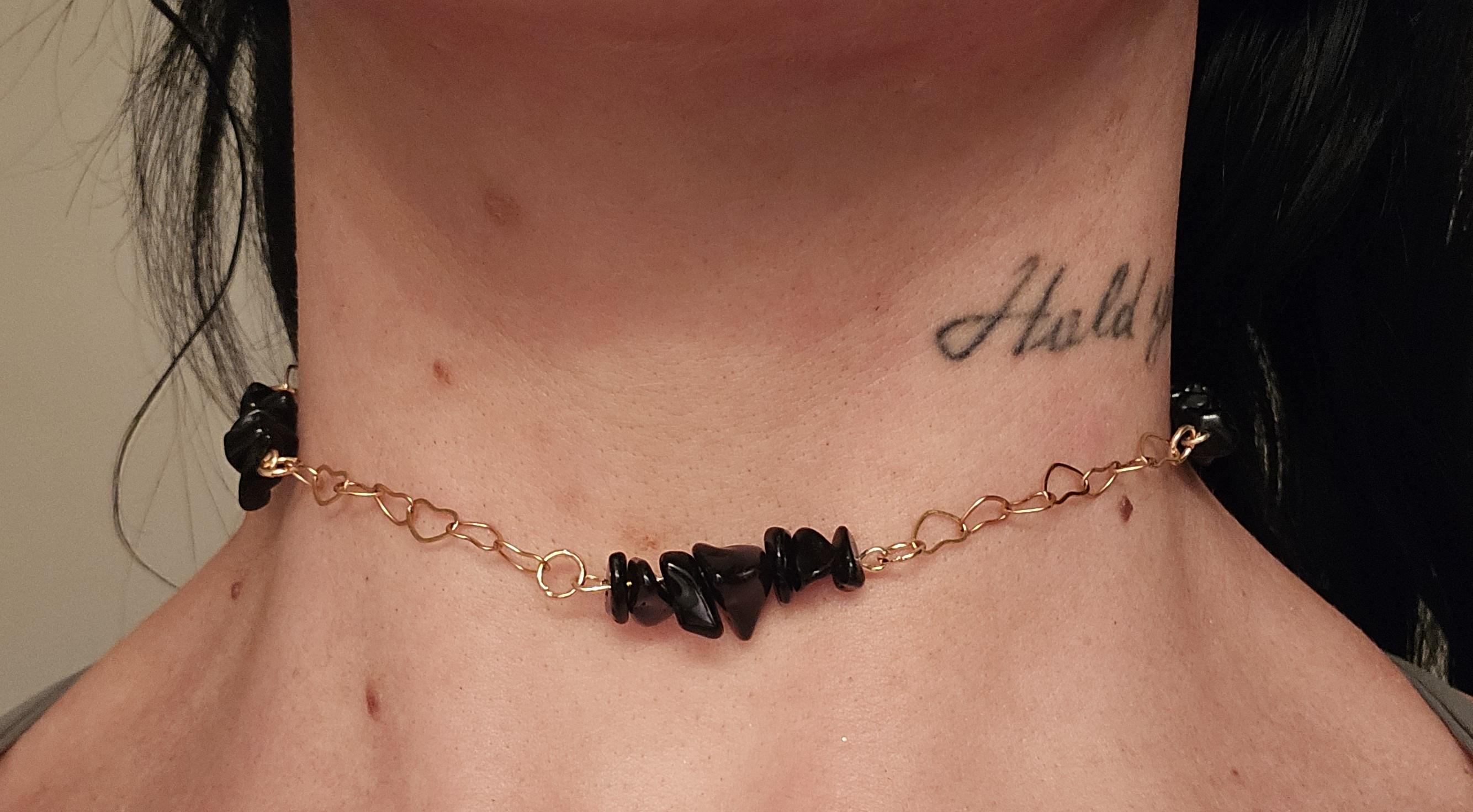 Black Obsidian & Gold Choker Necklace: 18k Plated Heart Chain, Adjustable Fairycore Gothic - Thumbnail 5