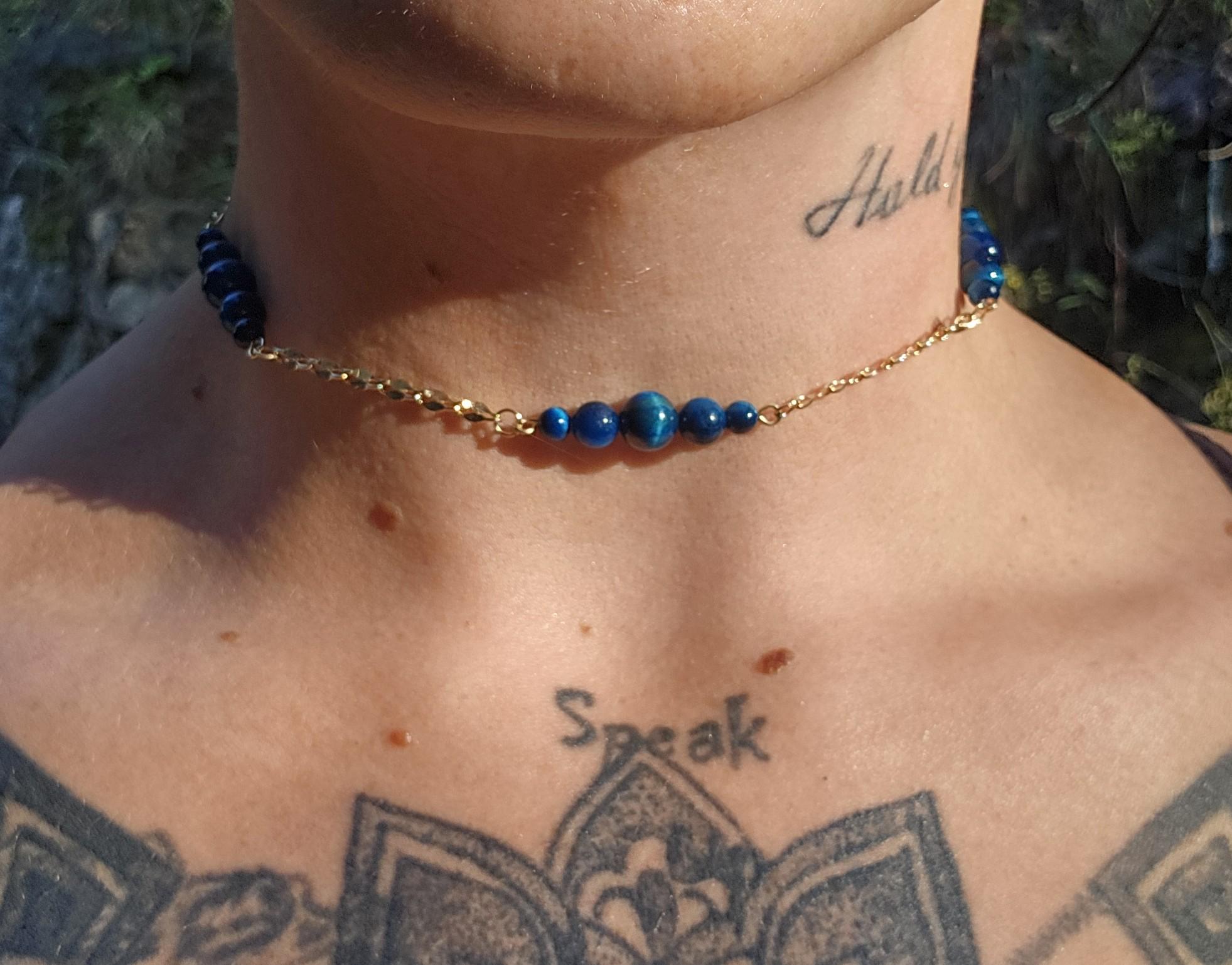 Blue Tiger's Eye and Gold Choker Necklace: 14k Gold Plated Crystal Chain