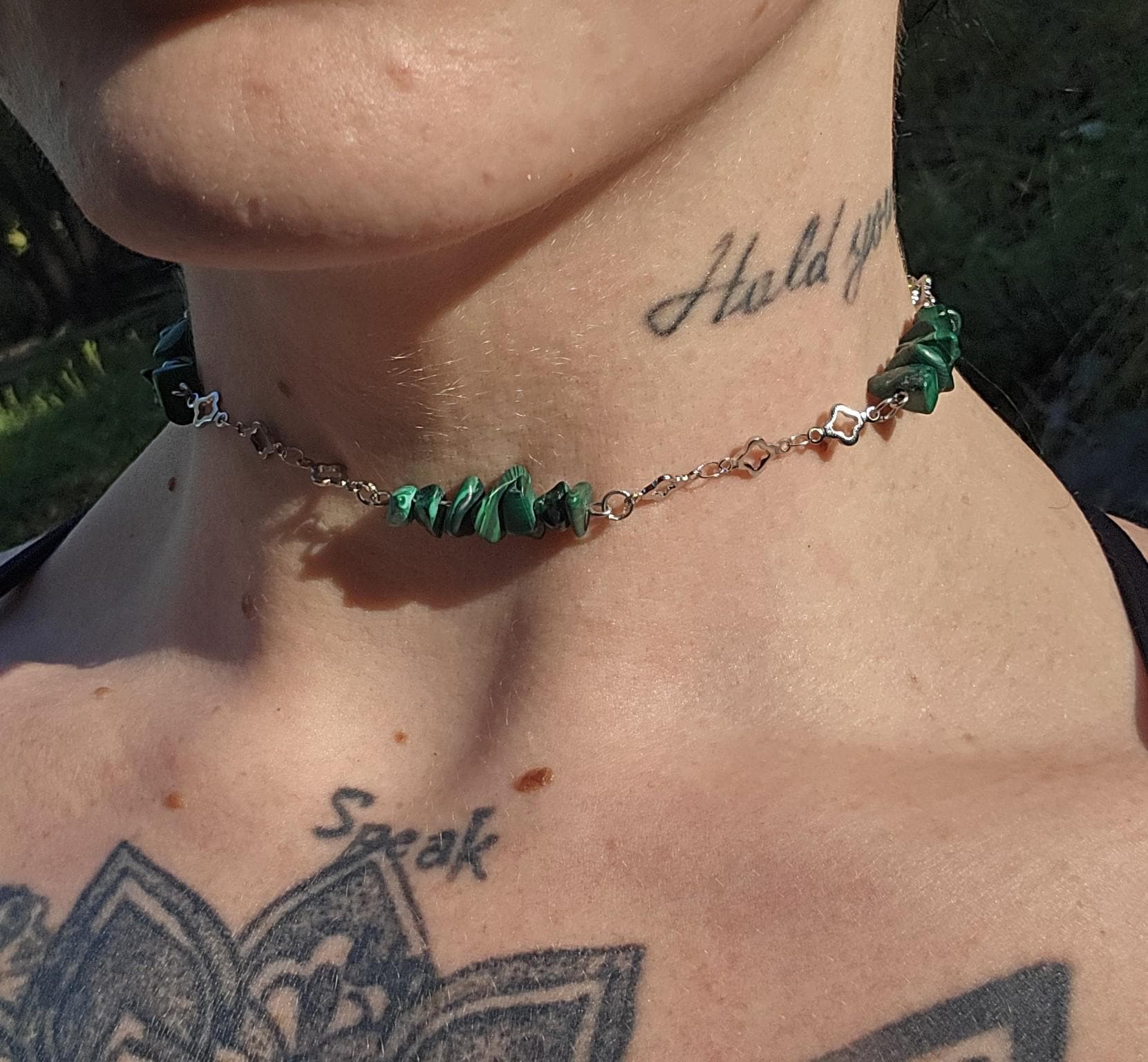 Malachite and Steel Choker Necklace: Clover and Crystal Adjustable Crystal Chain - Image 1
