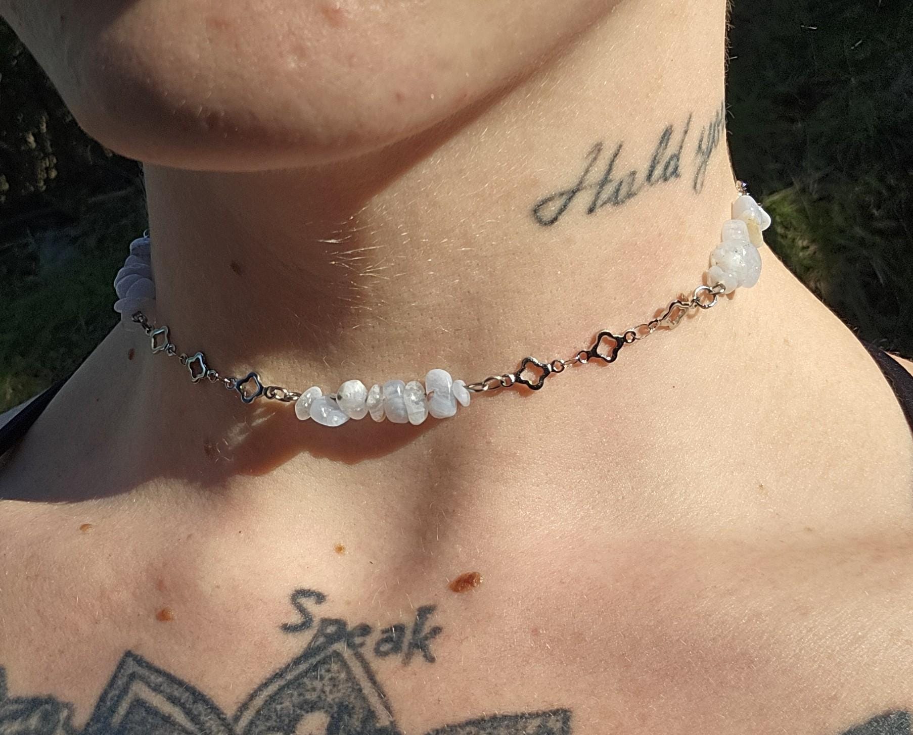 Blue Lace Agate and Stainless Steel Choker: Adjustable Clover Crystal Choker Necklace