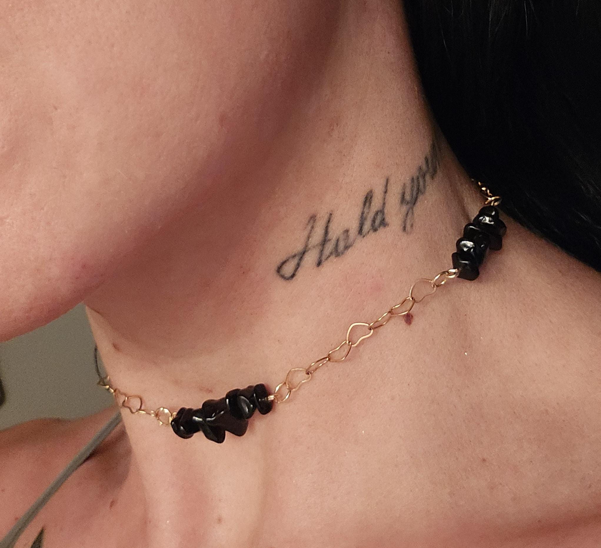 Black Obsidian & Gold Choker Necklace: 18k Plated Heart Chain, Adjustable Fairycore Gothic - Thumbnail 4