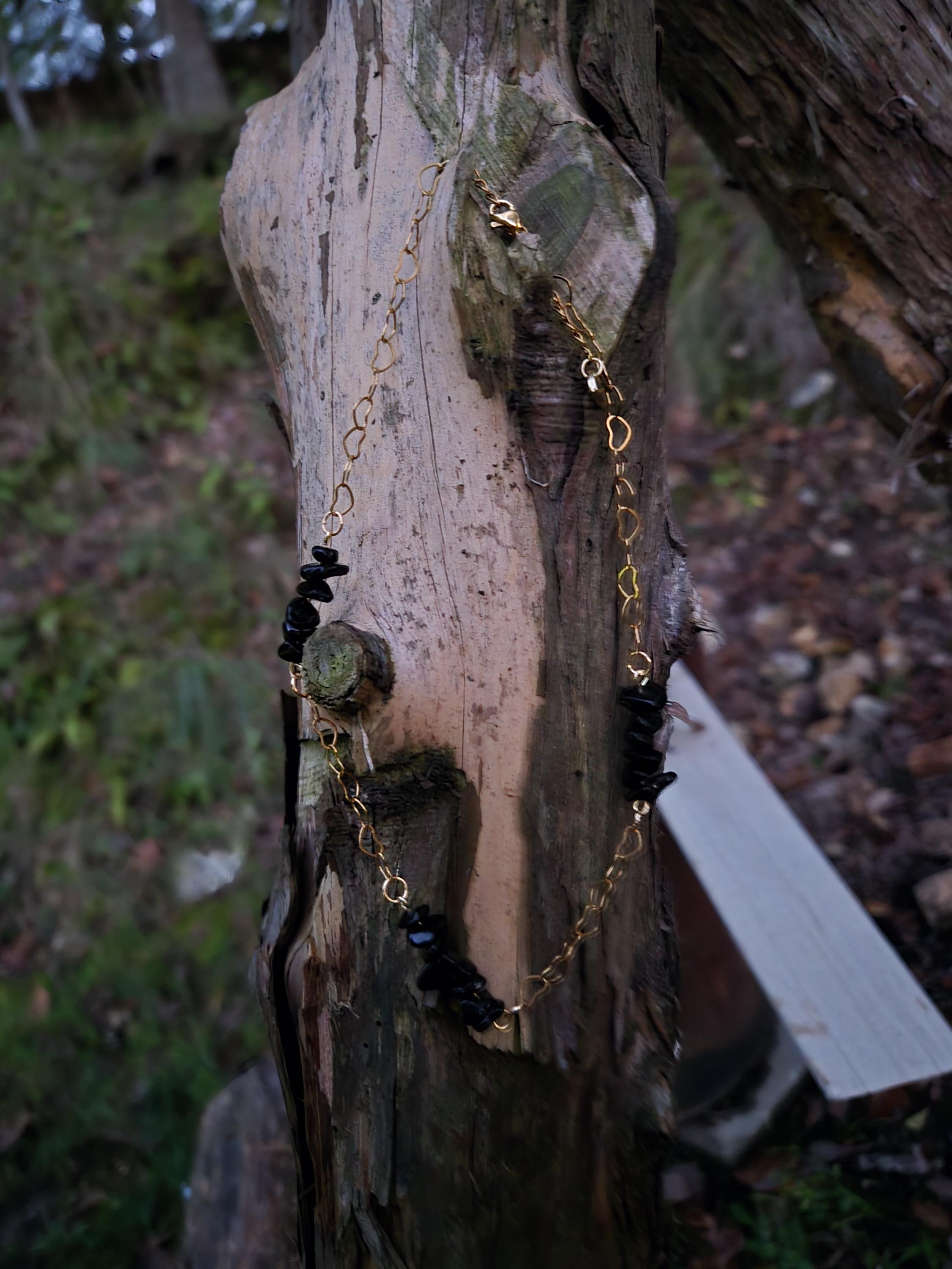 Black Obsidian & Gold Choker Necklace: 18k Plated Heart Chain, Adjustable Fairycore Gothic - Thumbnail 2
