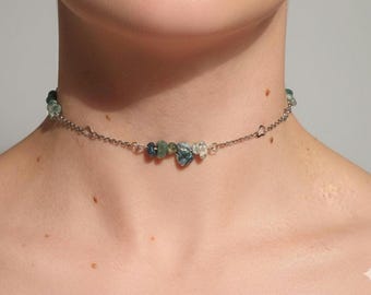 Moss Agate and Steel Adjustable Crystal Chain Choker, Cottagecore, Goth Choker, Boho, Healing Gemstone Choker for Protection, Spiritual Gift