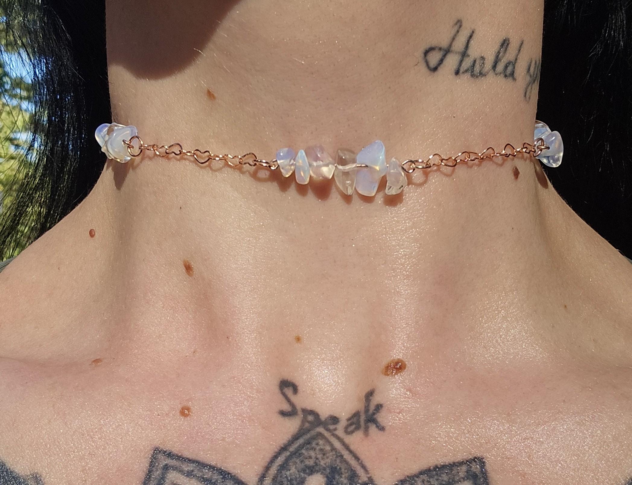 Opal and Rose Gold Crystal Choker: Rose Gold Plated Hearts, Fairycore Gothic Necklace