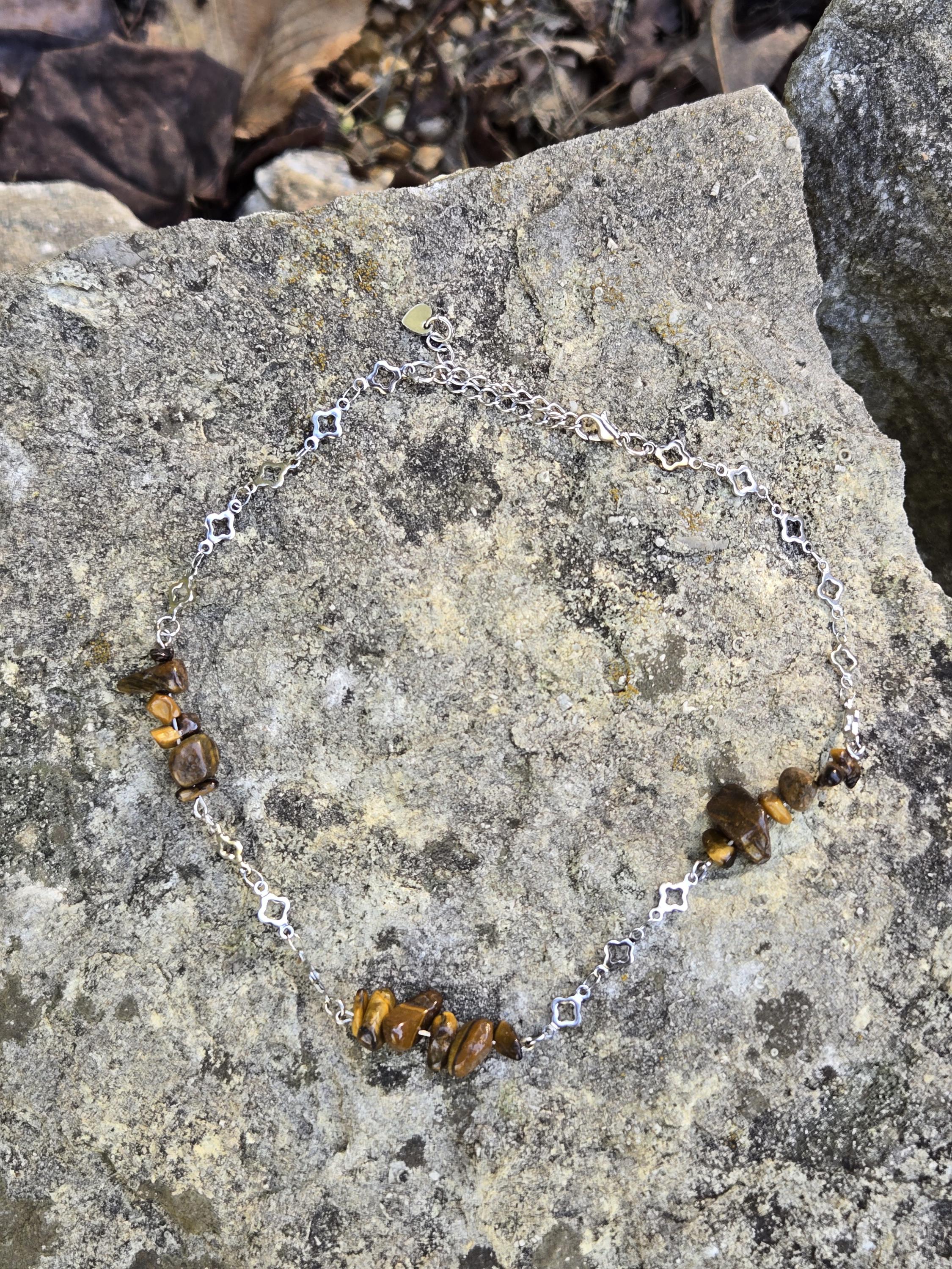 Tigers Eye and Steel Clover Choker: Adjustable Fairycore Gothic Crystal Necklace - Thumbnail 3