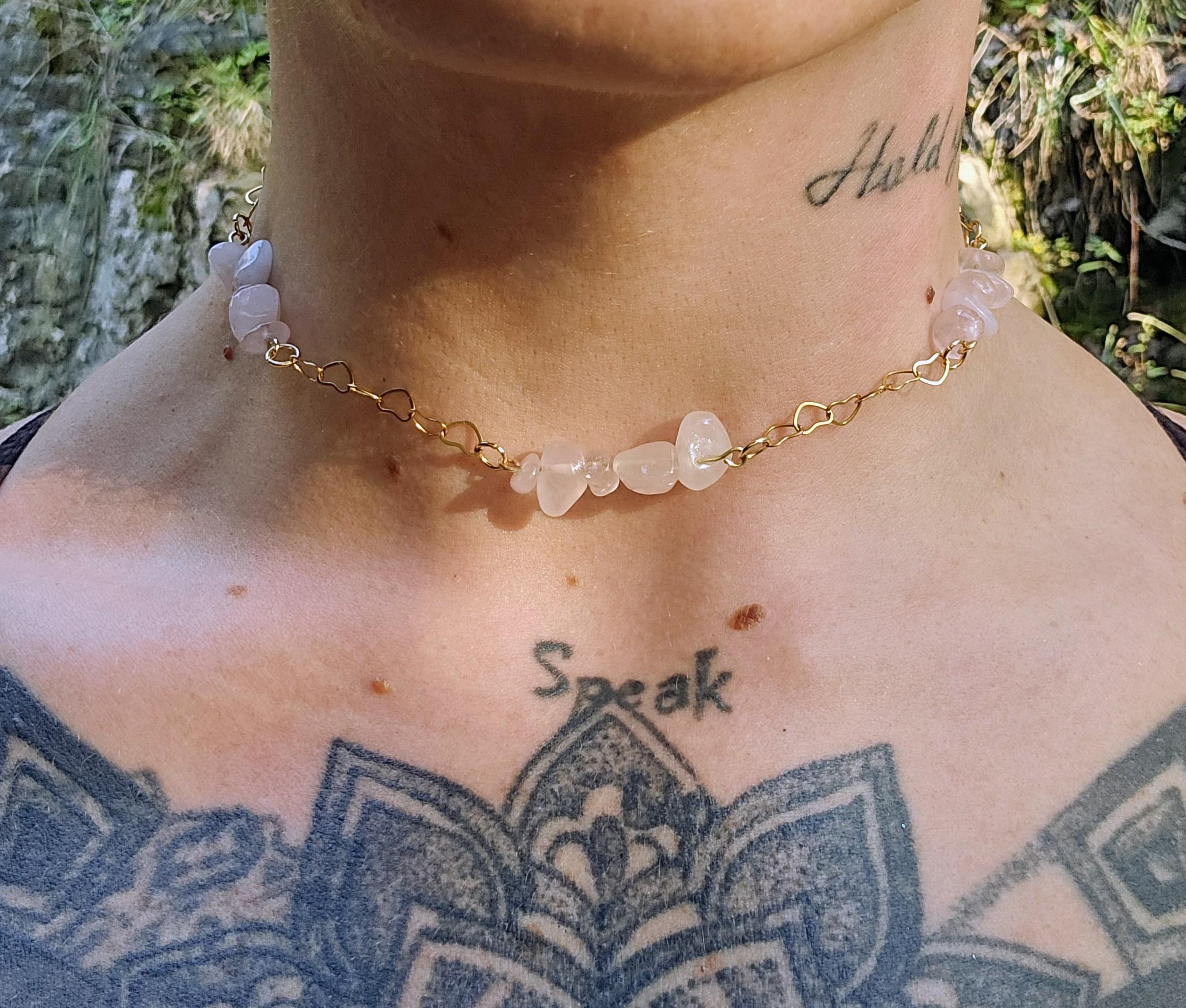 Rose Quartz & 18k Gold Plated Choker: Heart Chain Crystal Fairycore Gothic Necklace - Thumbnail 4
