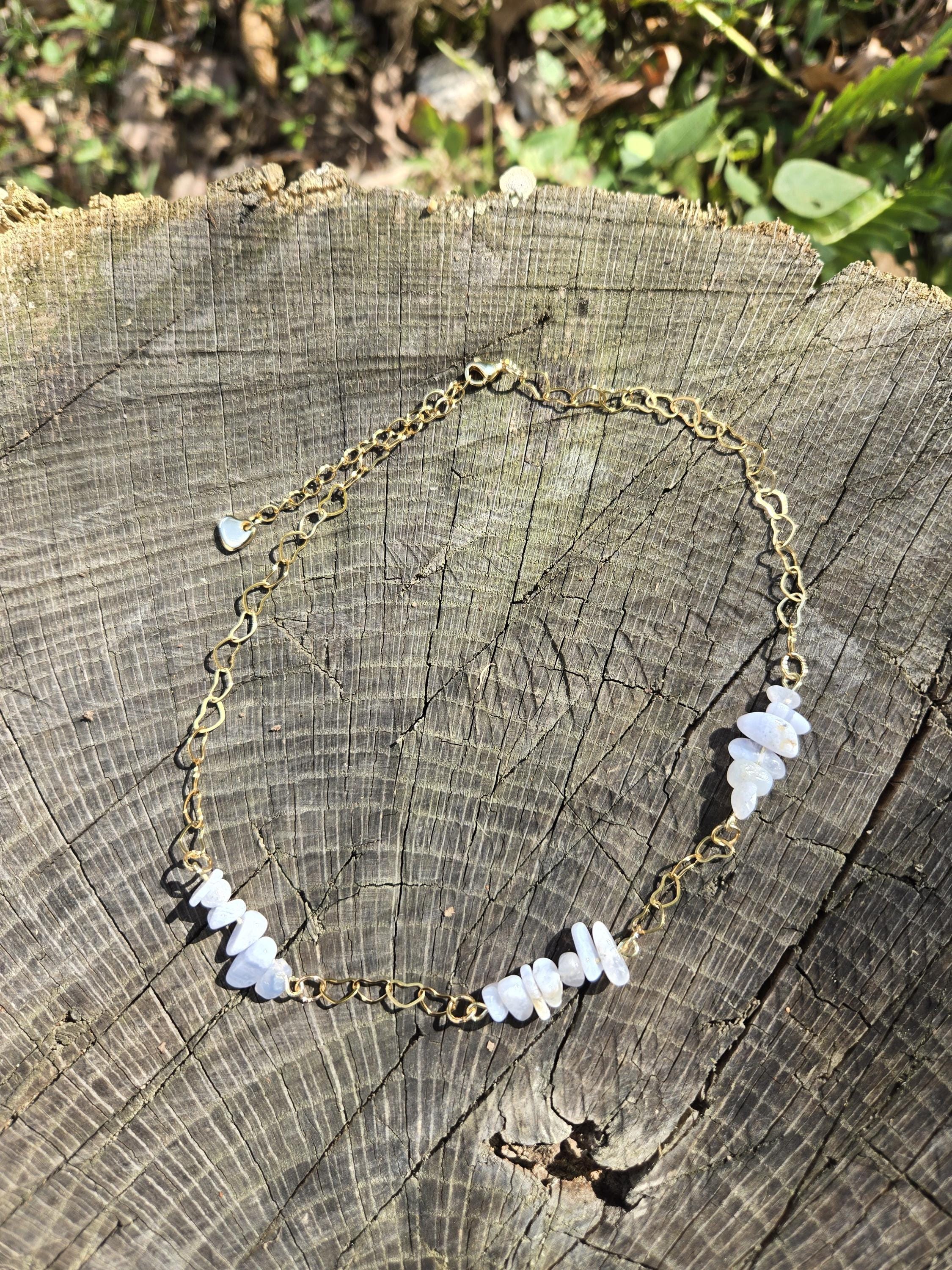 Blue Lace Agate and 18k Gold Heart Choker Necklace: Adjustable Crystal Chain, - Thumbnail 3