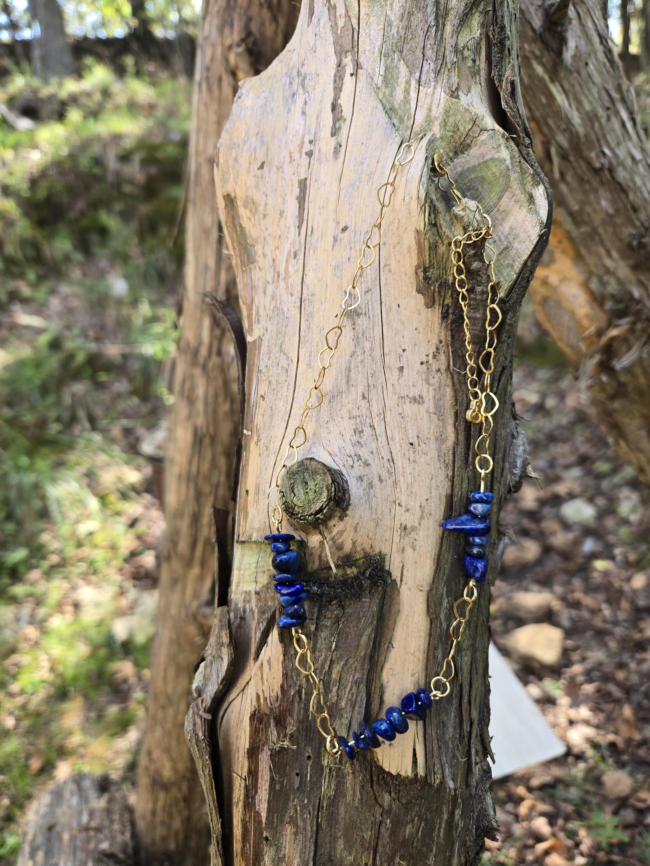 Lapis Lazuli and Gold Choker Necklace: 18k Gold Heart Chain, Adjustable Fairycore Gothic Gift - Thumbnail 4