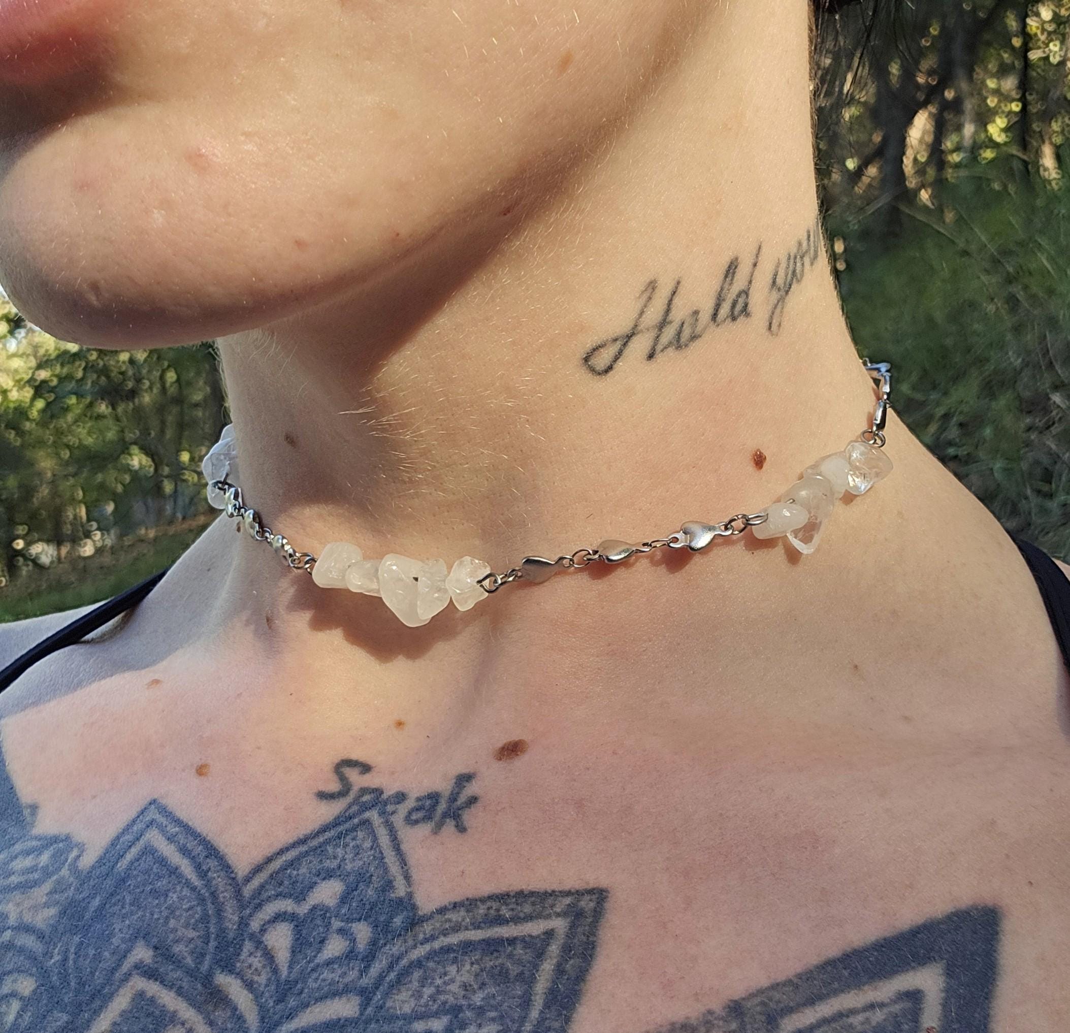 Quartz and Steel Choker Necklace: Queen of Hearts Dainty Crystal Gemstone Jewelry