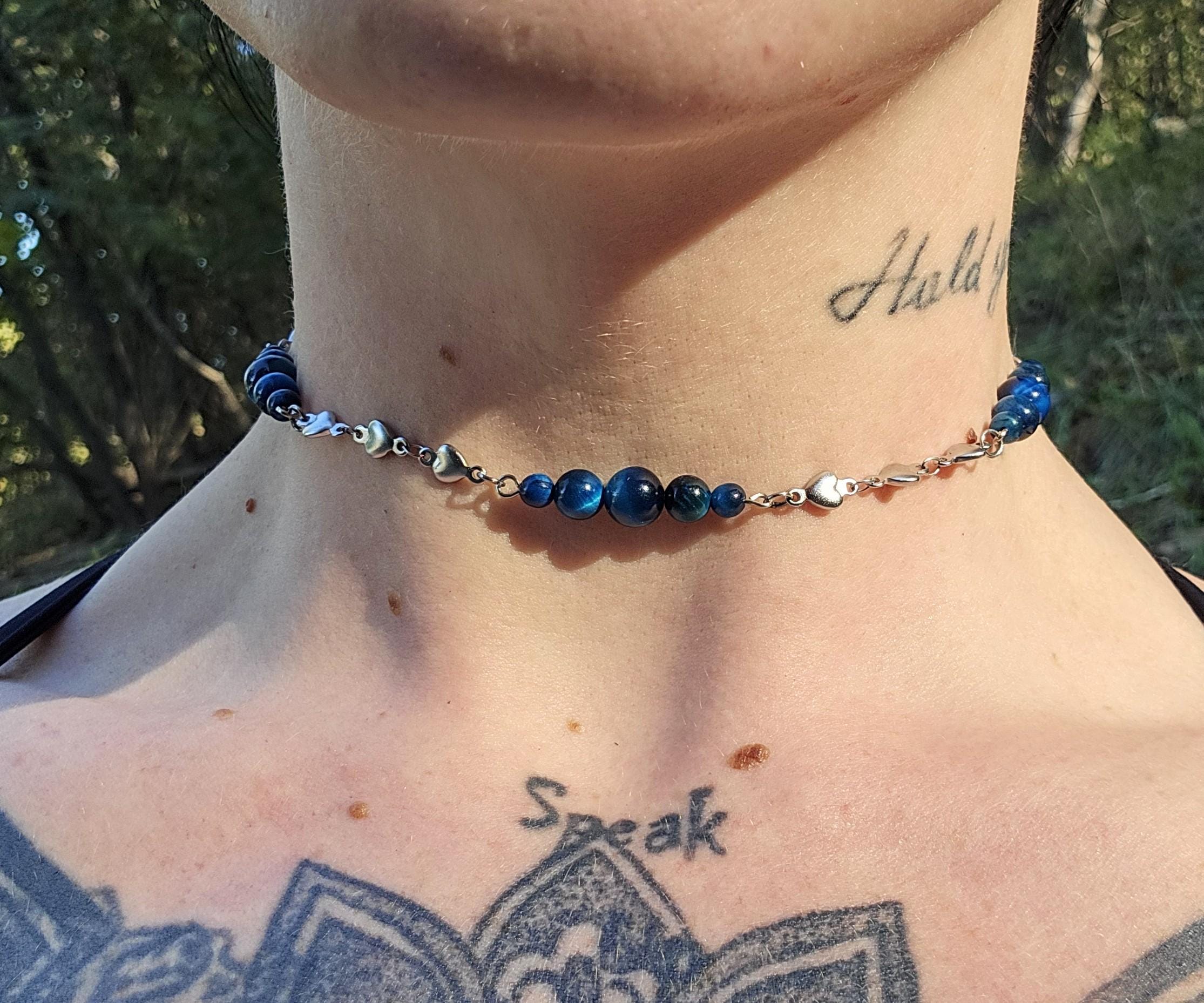 Blue Tigers Eye and Stainless Steel Choker Necklace: Queen of Hearts Adjustable Choker