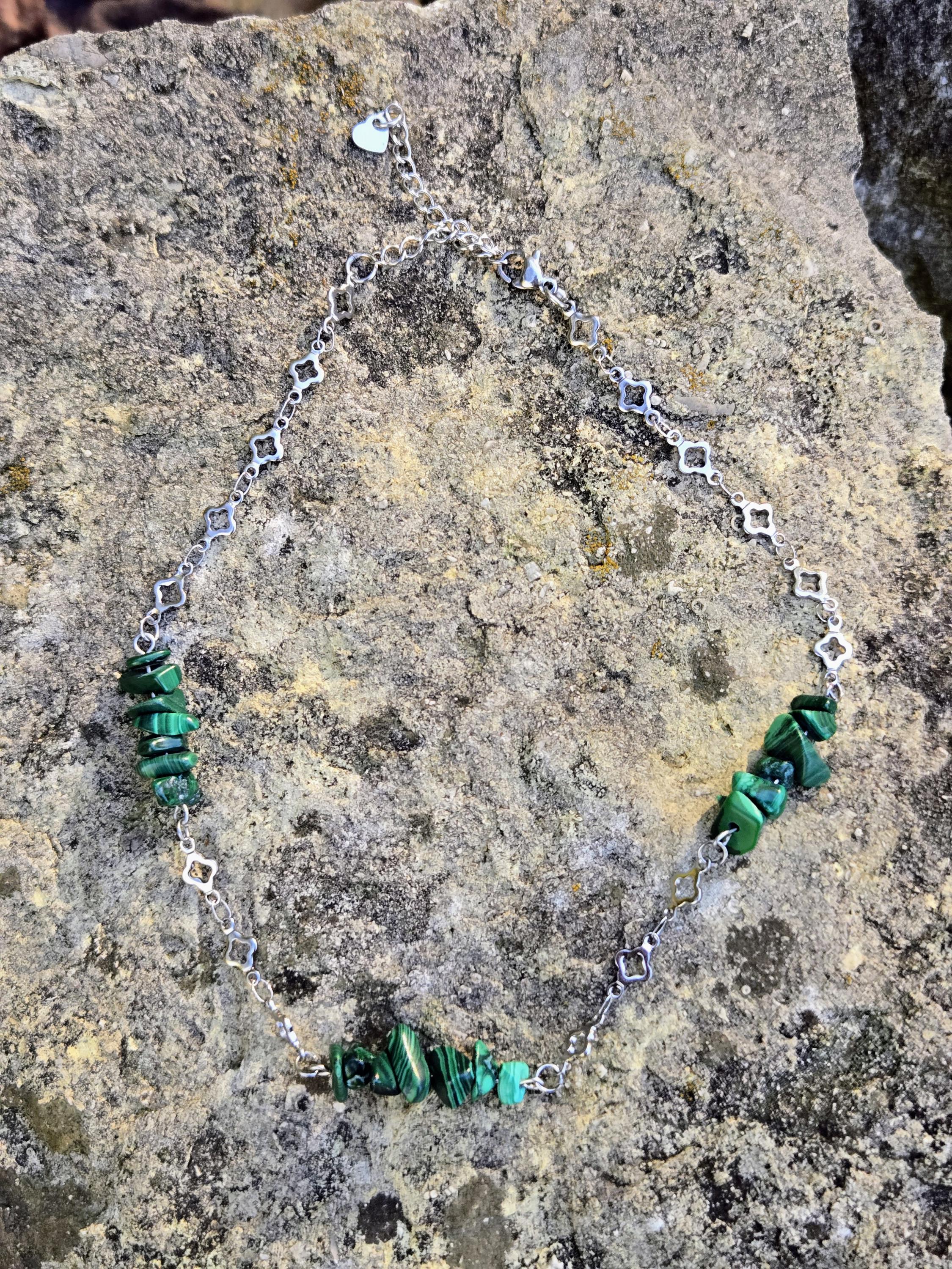 Malachite and Steel Choker Necklace: Clover and Crystal Adjustable Crystal Chain - Thumbnail 5