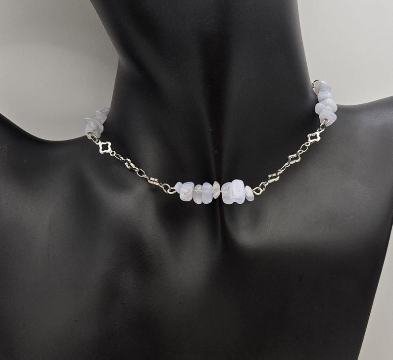Blue Lace Agate and Steel Clover Crystal Chain Choker, Cottagecore, Goth Choker, Boho, Healing Gemstone for Protection, Spiritual Gift image 8