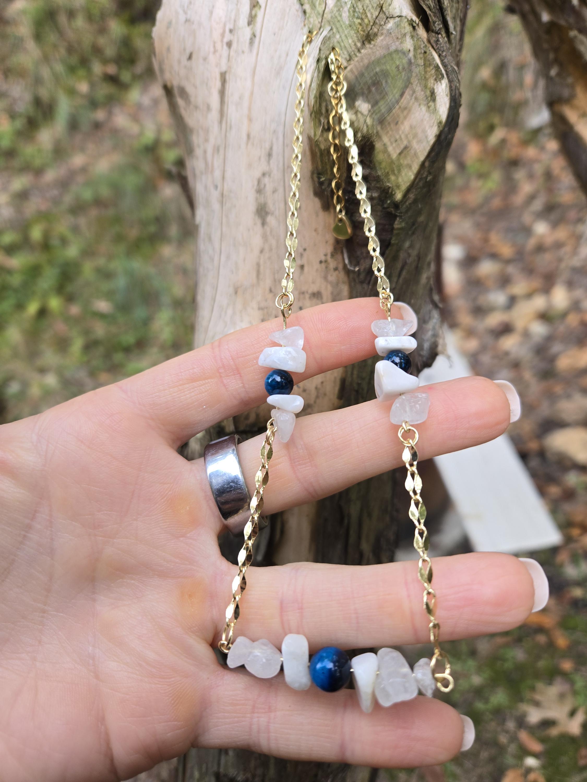 Quartz, Moonstone, Blue Tiger's Eye and Gold Choker: 14k Gold Plated Crystal Necklace - Thumbnail 3