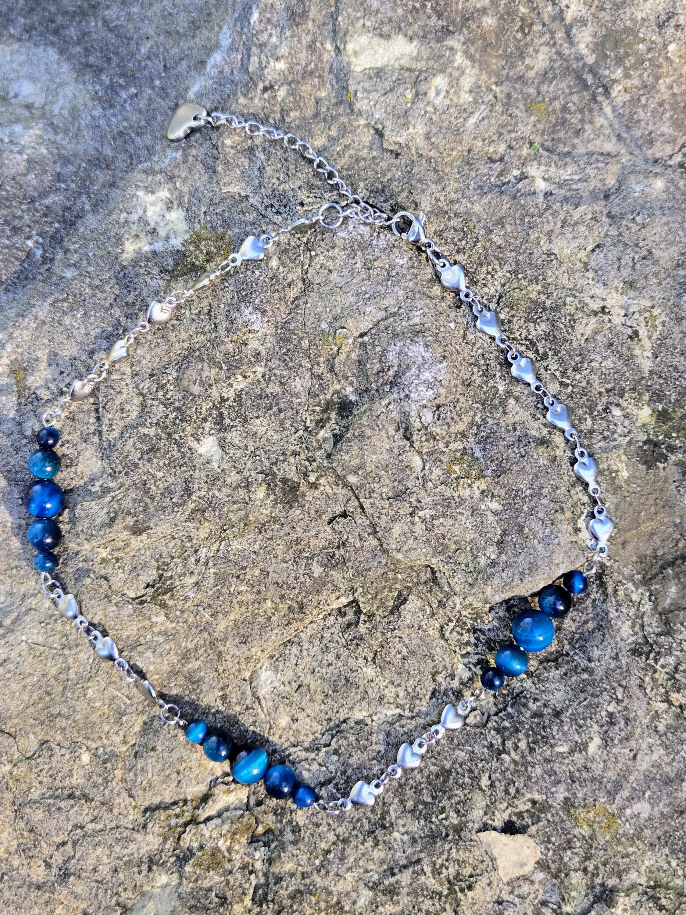 Blue Tigers Eye and Stainless Steel Choker Necklace: Queen of Hearts Adjustable Choker - Thumbnail 4