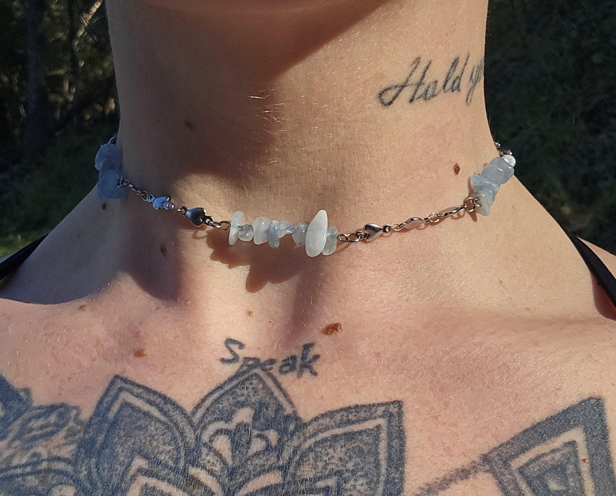 Aquamarine and Steel Crystal Choker Necklace: Queen of Hearts Adjustable Fairycore Gothic Dainty Necklace - Thumbnail 2
