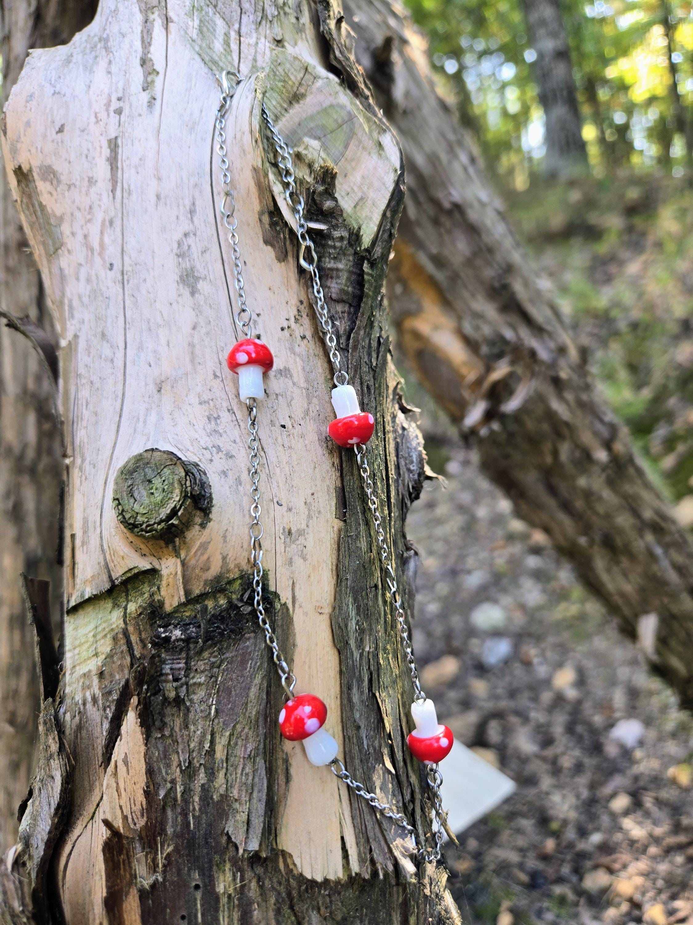 Red Mushroom Choker Necklace: Stainless Steel Heart Chain - Thumbnail 4